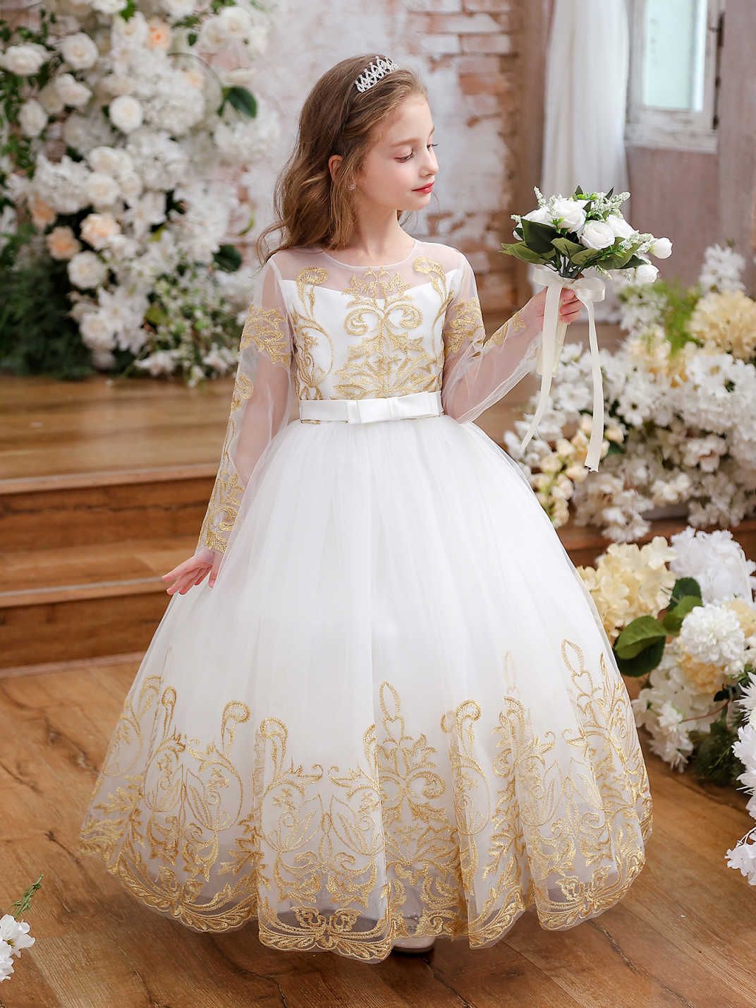 Ropa infantil transfronteriza vestido de bebé princesa de rendimiento de rendimiento de encaje de manga larga vestido de novia de flores