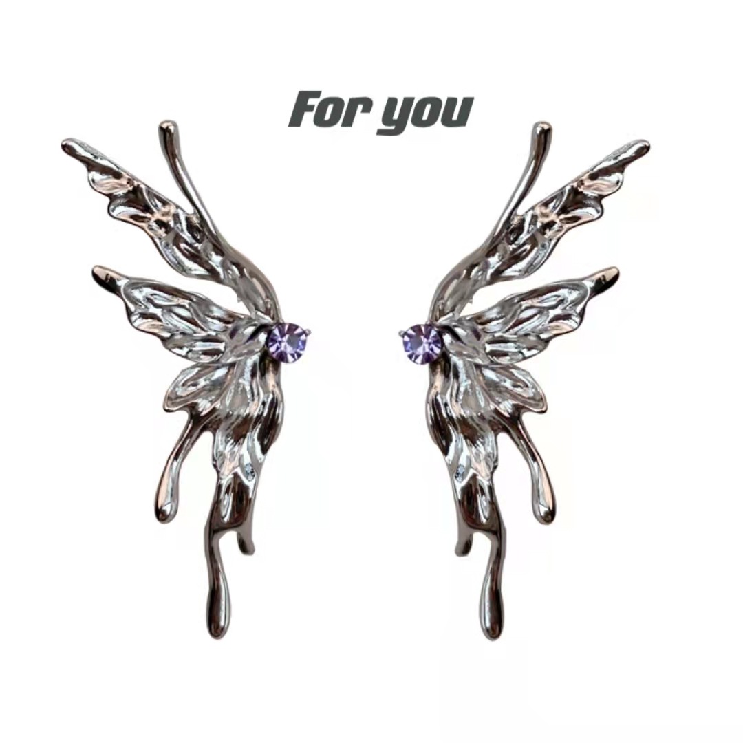 Korean-style butterfly earrings liquid metal-inspired asymmetrical silver needle earrings Instagram niche design influencer earrings