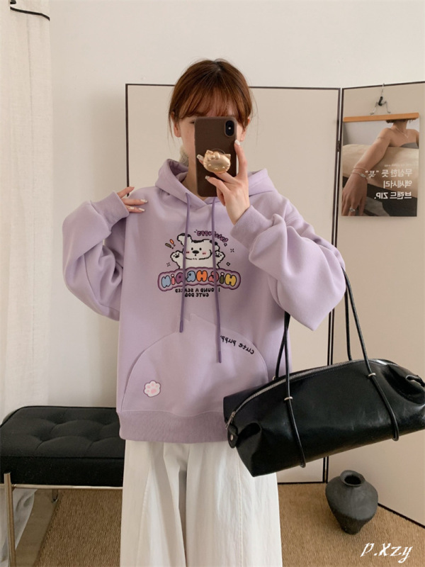 031 慵懒风连帽卫衣女秋季新款植绒卡通字母大码休闲女式卫衣长袖|undefined