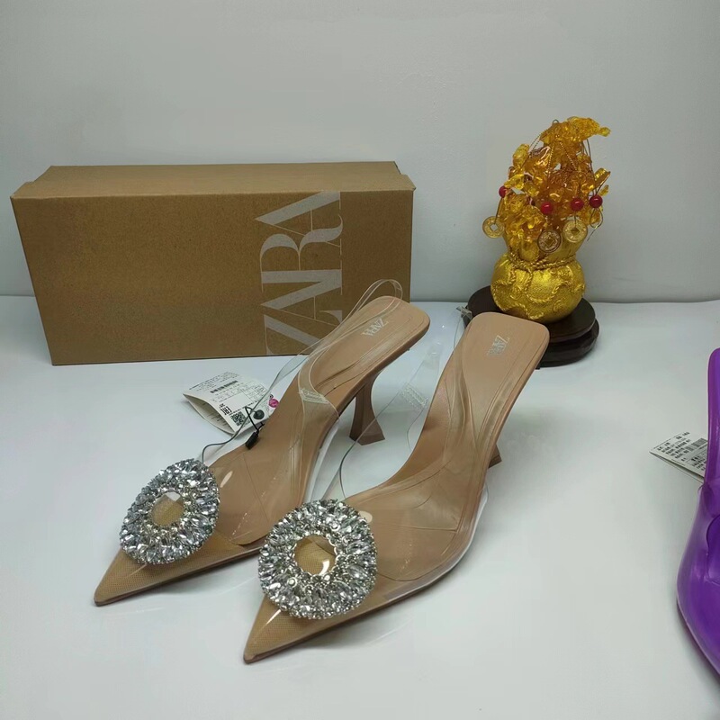 ZA Spring New High Heel Sandals Women's Shoes Transparent pvc Rhinestone Buckle Elegant Slim Fairy Crystal Female Pointed