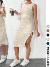 Women's Drawstring Ruched Split Thigh Tank Dress Minimalist