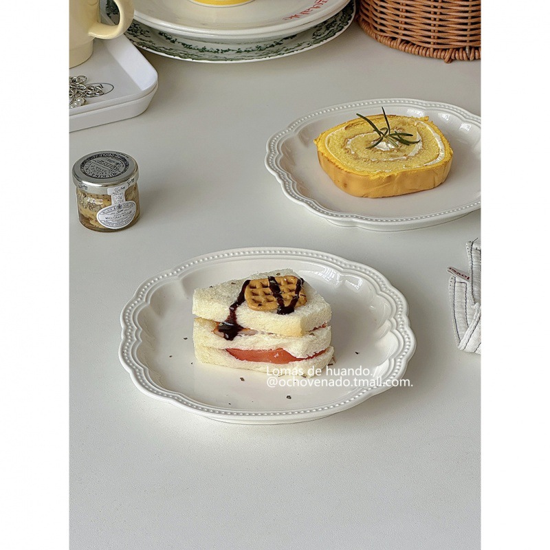 法式ins風甜品蛋糕盤陶瓷簡約白色浮盤西餐家用菜盤好看高級感