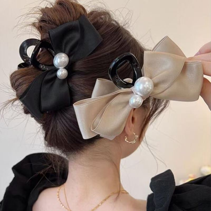 ハイエンドのパールリボングリッパー、女性用の大きなヘアピン、後頭部のヘアピン、エレガントなサメクリップ|undefined