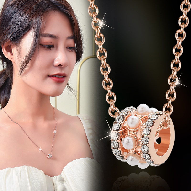 韩版珍珠转运18K玫瑰彩金项链套装镂空时尚镶钻个性百搭饰品批发|ru