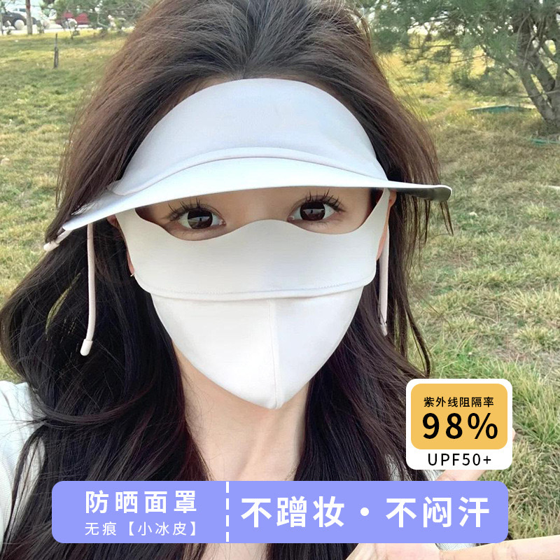 Summer Black Vinyl Brim Integrated Face Mask for Women, Sun Protection, UV Shield, Breathable Ice Silk Face Cover