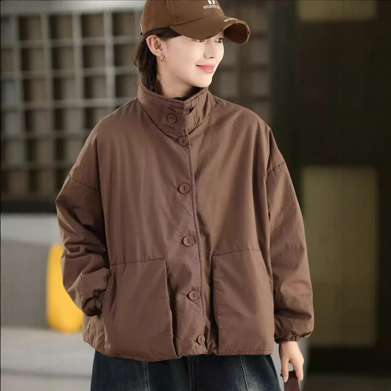 夹棉棉衣 2025冬季新款 保暖立领加厚外套女复古文艺纯色棉服8113|undefined