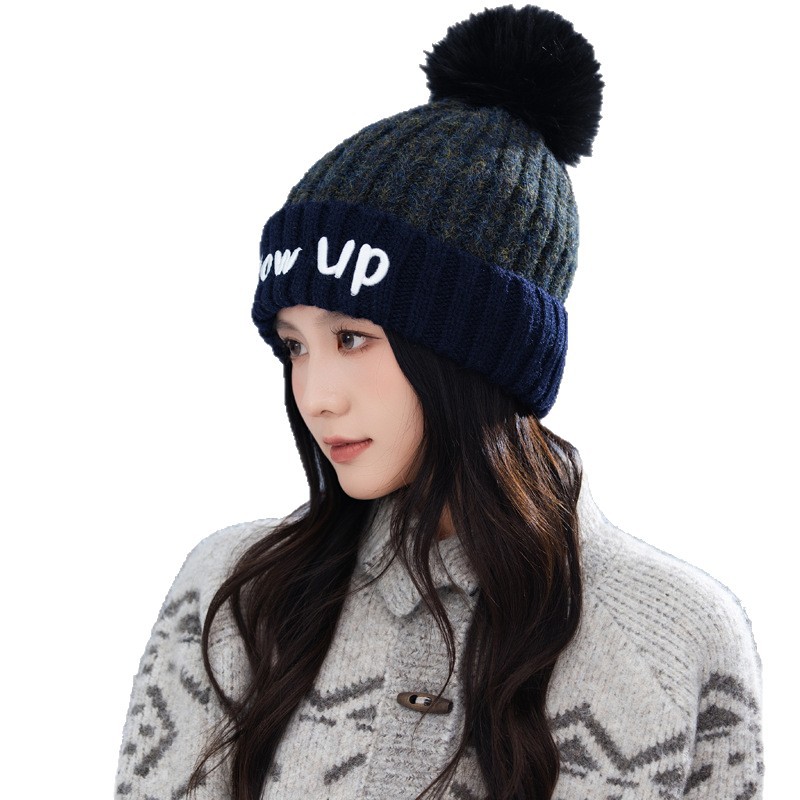 Gorro de lana de punto con bordado de letras inglesas, versátil, bonito y cálido, ideal para otoño e invierno. Con pompón. Estilo coreano._voghion.com