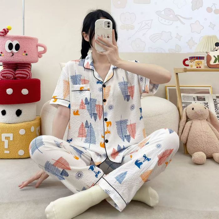 Vietnam transfronterizo al por mayor pijamas de verano para mujer, pantalones frescos de manga corta, cárdigan estampado, servicio a domicilio, dos trajes