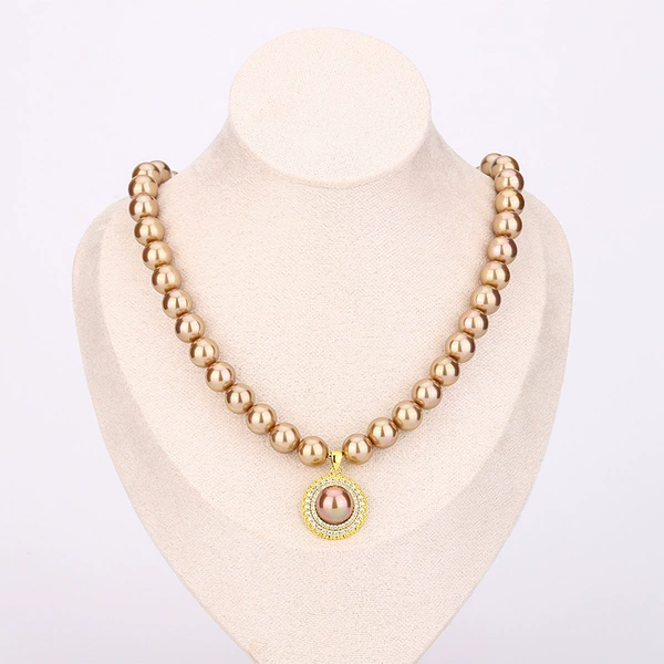 Golden necklace from pearl, 10mm, champagne color