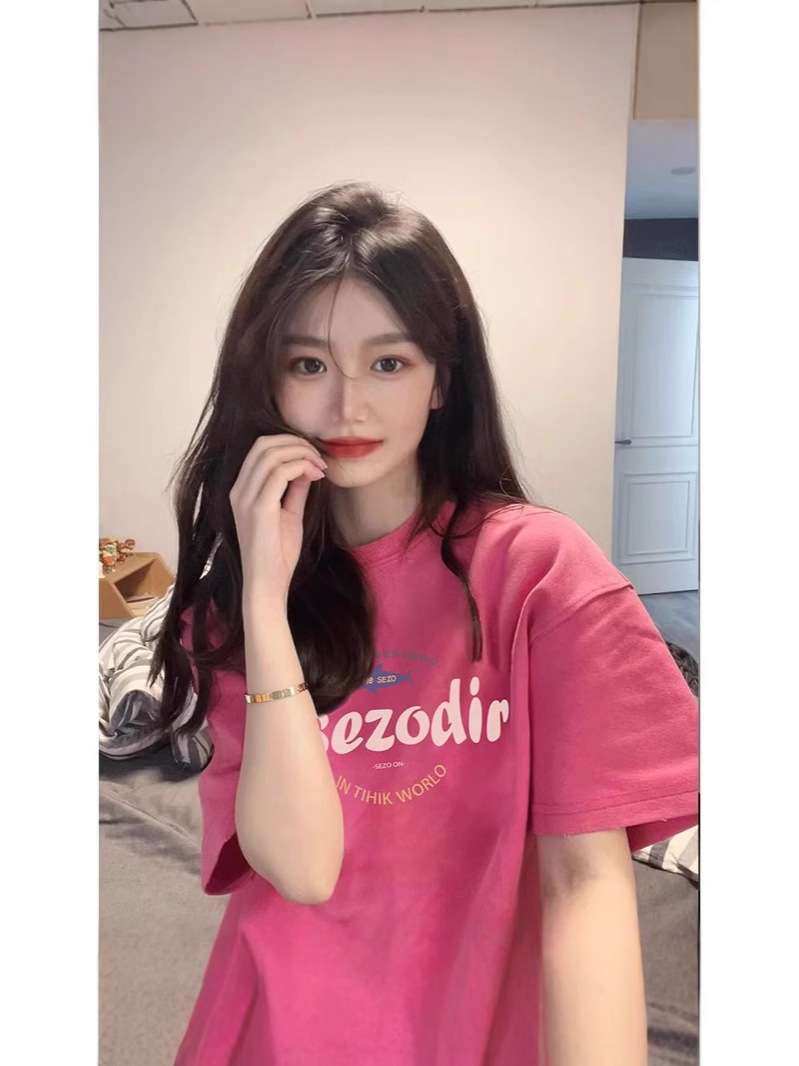 Rose Red Cotton Short-sleeved T-shirt Women's Summer plus size Loose American-style Retro Chic Western-style Instagram Style Top Clothes