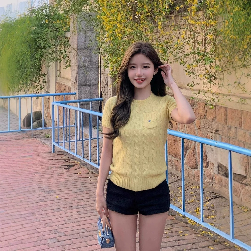 RL Rlaf Po логотип вьет тонкая футболка топ с круглым вырезом вязаный хлопок с короткими рукавами рукава летняя вышивка карман