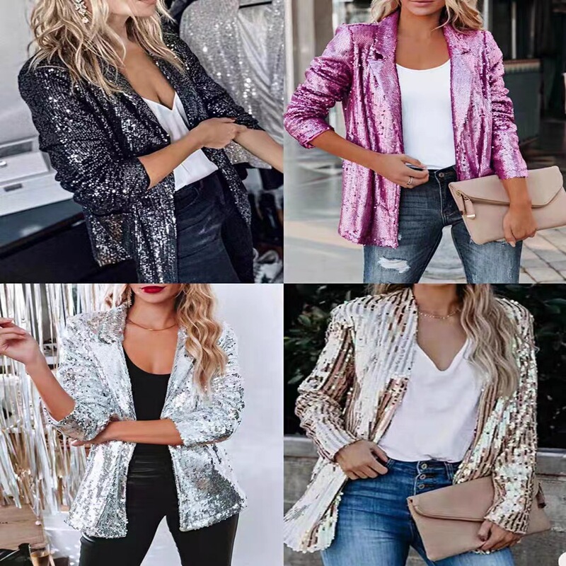 Small Suit Europe and America Amazon Cross-border New Commuter Style Cardigan Loose Long Sleeve Casual Sequin Suit Jacket for Women