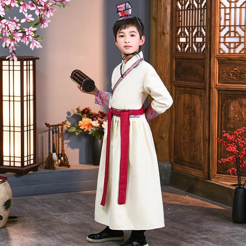 Chinese-style children's ancient costume cotton linen Tang suit Guo Xue Hanfu adult ceremony recitation clothing stage literary and artistic performance attire