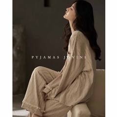 パジャマの女性春秋の純綿の長袖のズボンの一体のストライプは高級感のある家庭服のスーツを着ることができます。