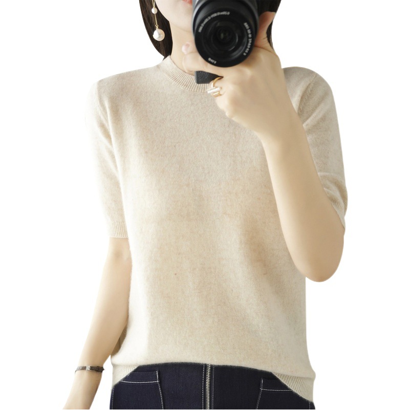 Spring and Summer 2023 New Round Neck Knitted Short-sleeved Women's Casual Pullover Thin Loose Half-sleeved T-shirt Top