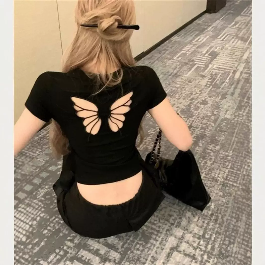 甜辣蝴蝶镂空正肩短袖t恤女夏季性感修身显瘦别致小心机短款上衣