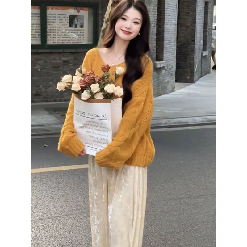 小香风套装2025新款女装秋季慵懒风百搭针织毛衣丝绒半身裙两件套|undefined