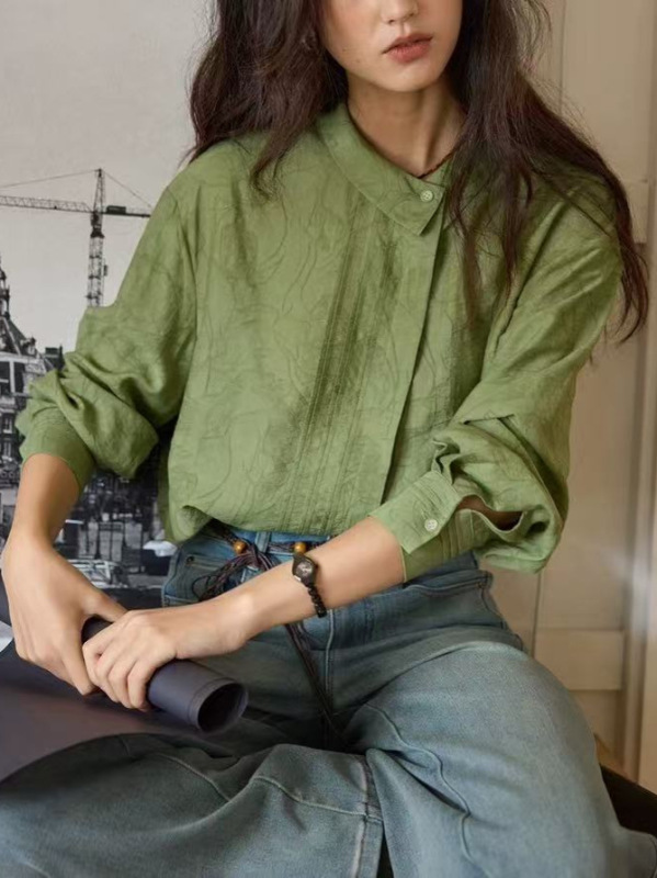 【8/25 零点新品9折】solighter 法式亚麻不对称翻领提花衬衫女秋|undefined