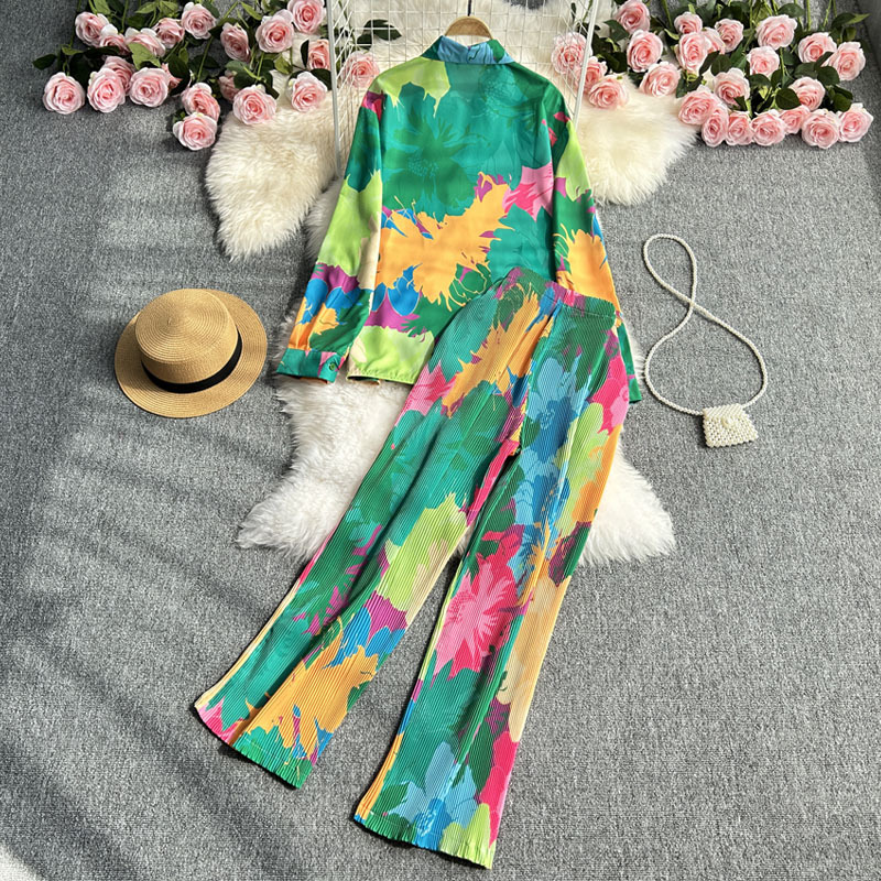 Women's Clothing Fashion suit women's casual loose long sleeved single breasted shirt two piece set high slimming tie dye printed wide leg pants_voghion.com