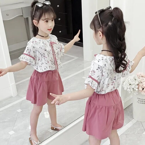 Girls' Summer Set  New Children's Short Sleeve Summer Clothes for Older Children Two-Piece Set for Little Girls Fashionable and Trendy