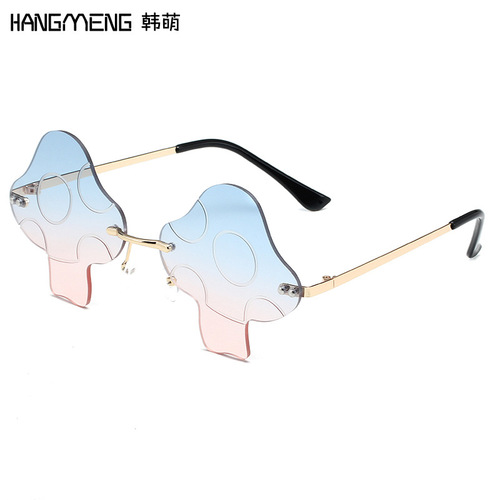 2022新款蘑菇太阳镜无框墨镜个性时尚舞会眼镜凹造型跨境太阳眼镜
