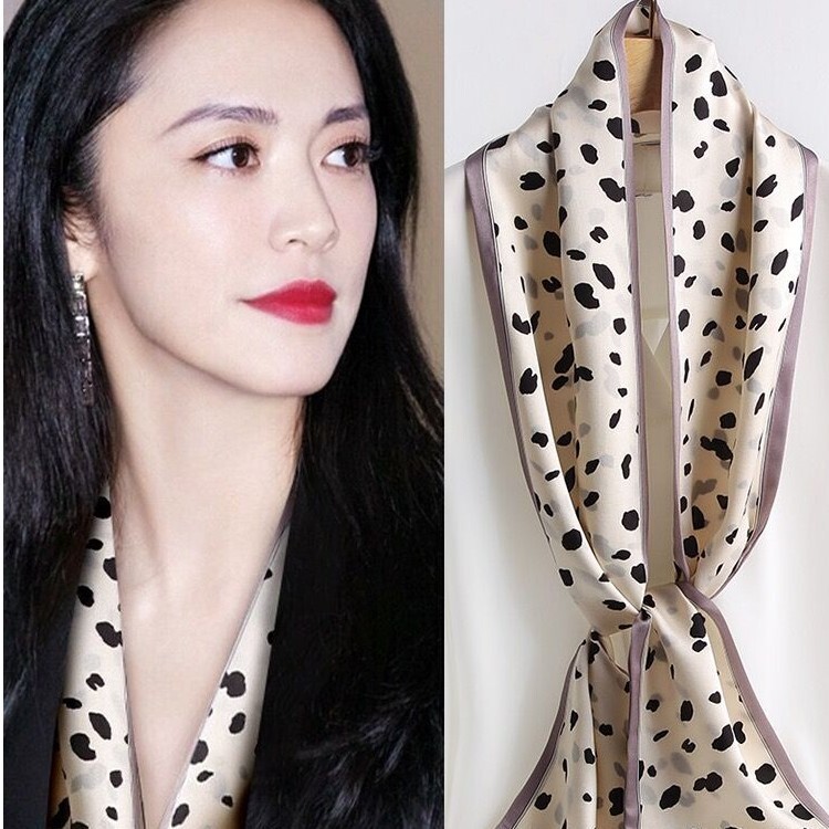 Small Leopard Print 100% Mulberry Silk Ribbon Scarf, Goddess-Style Shirt, Versatile Long Ribbon Scarf, High-End Scarf