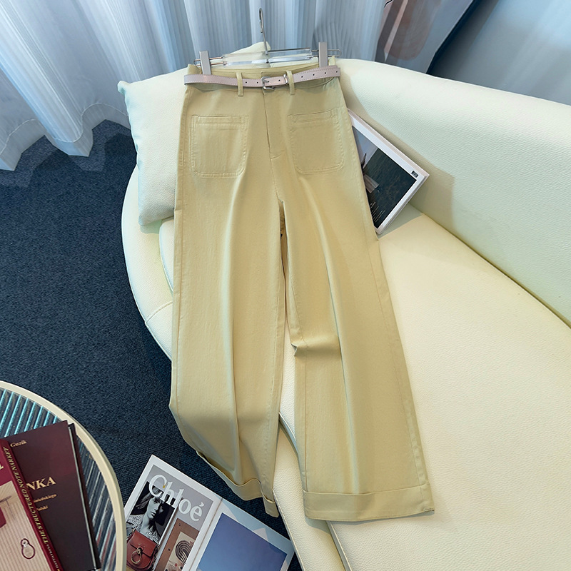 Summer Thin Wide-Leg Jeans for Women, New Style with Pockets, Draped Hem, Cuffed, Petite, Cropped Straight-Leg Pants, Same Style