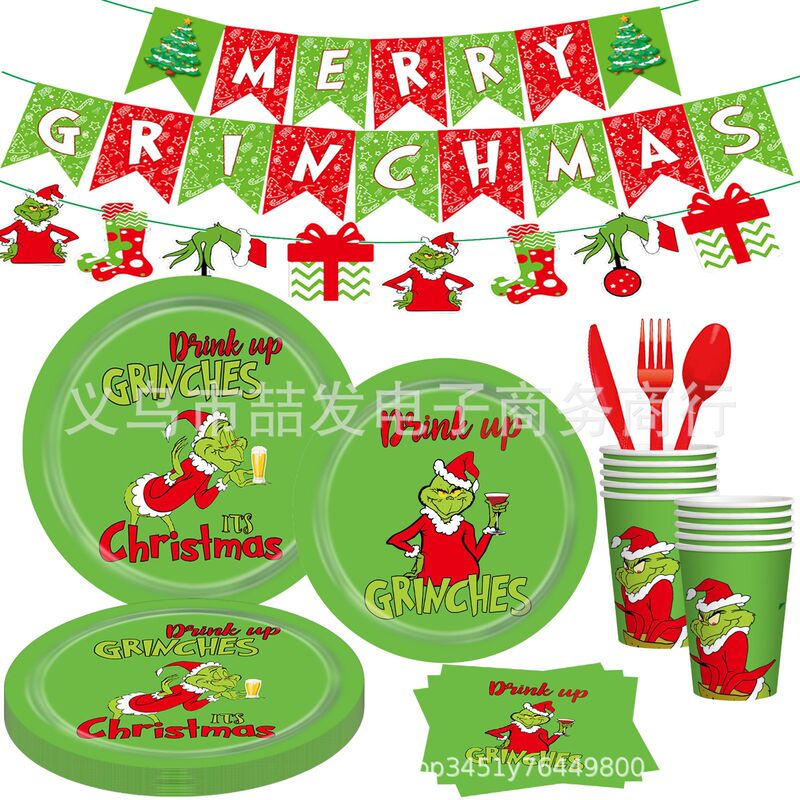 Amazon Grinch theme Christmas party decoration atmosphere arrangement paper plate tissue paper cup disposable tableware