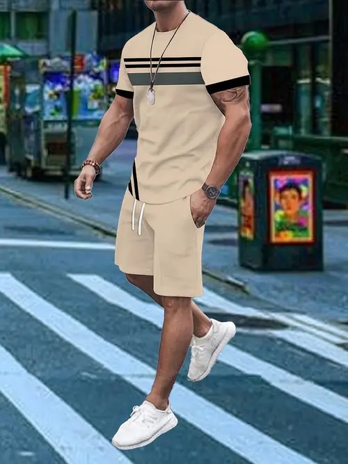 American Cross-border 2025 nueva tendencia de moda casual de manga corta cuello redondo camiseta pantalones cortos traje ME5 MA04