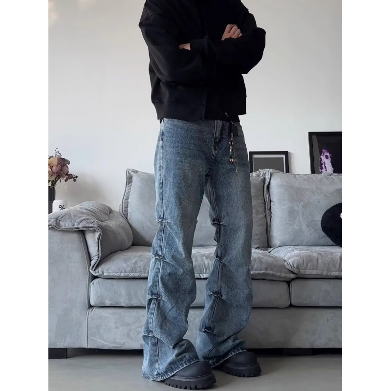 Men's Clothing high street side pleated design flared jeans loose distressed cleanfit wide leg trousers trend_voghion.com