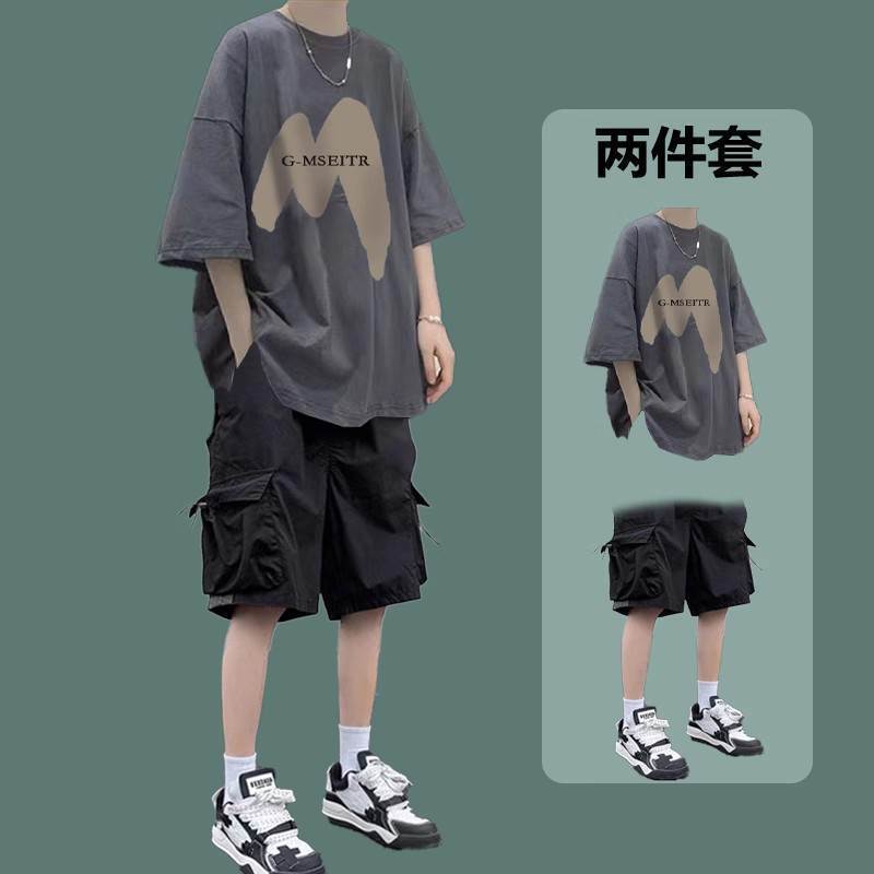 Summer short sleeve casual suit student trend loose T-shirt with handsome work shorts boyfriend style set