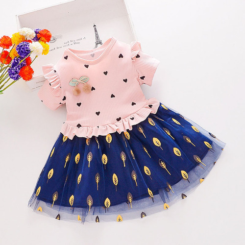 Children's dress spring and autumn fashion new children's clothing girls' spliced flower net skirt baby love princess skirt 