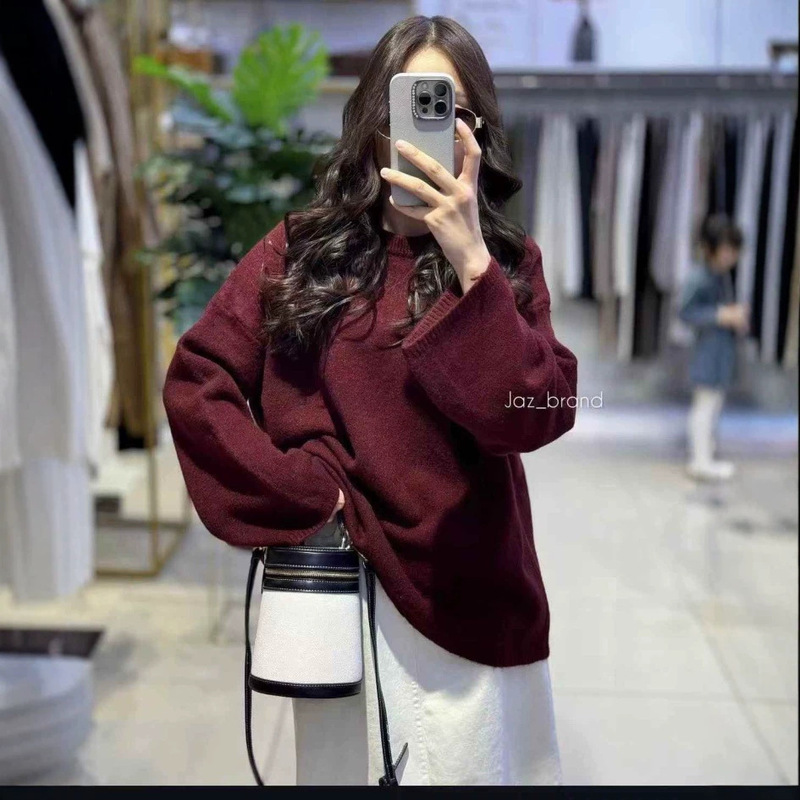 Cross-Border New Style Large Size Solid Color Round Neck Loose Lazy Style Knitted Pullover Sweater for Women Autumn and Winter New Basic Pullover Sweater