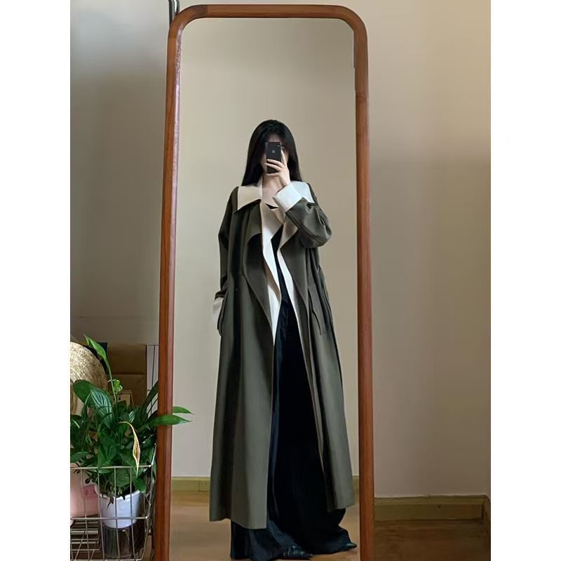 Korean Style Contrasting Color Windbreaker Jacket for Women in Autumn New Design Niche Fake Two-Piece Mid-Length Coat