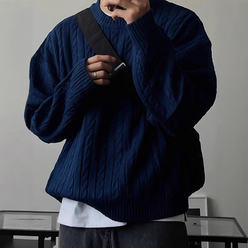 Men's Korean-Style Loose-Fitting Thickened Round-Neck Knit Sweater with Dark Blue Hemp Pattern on the Shoulders for Autumn and Winter