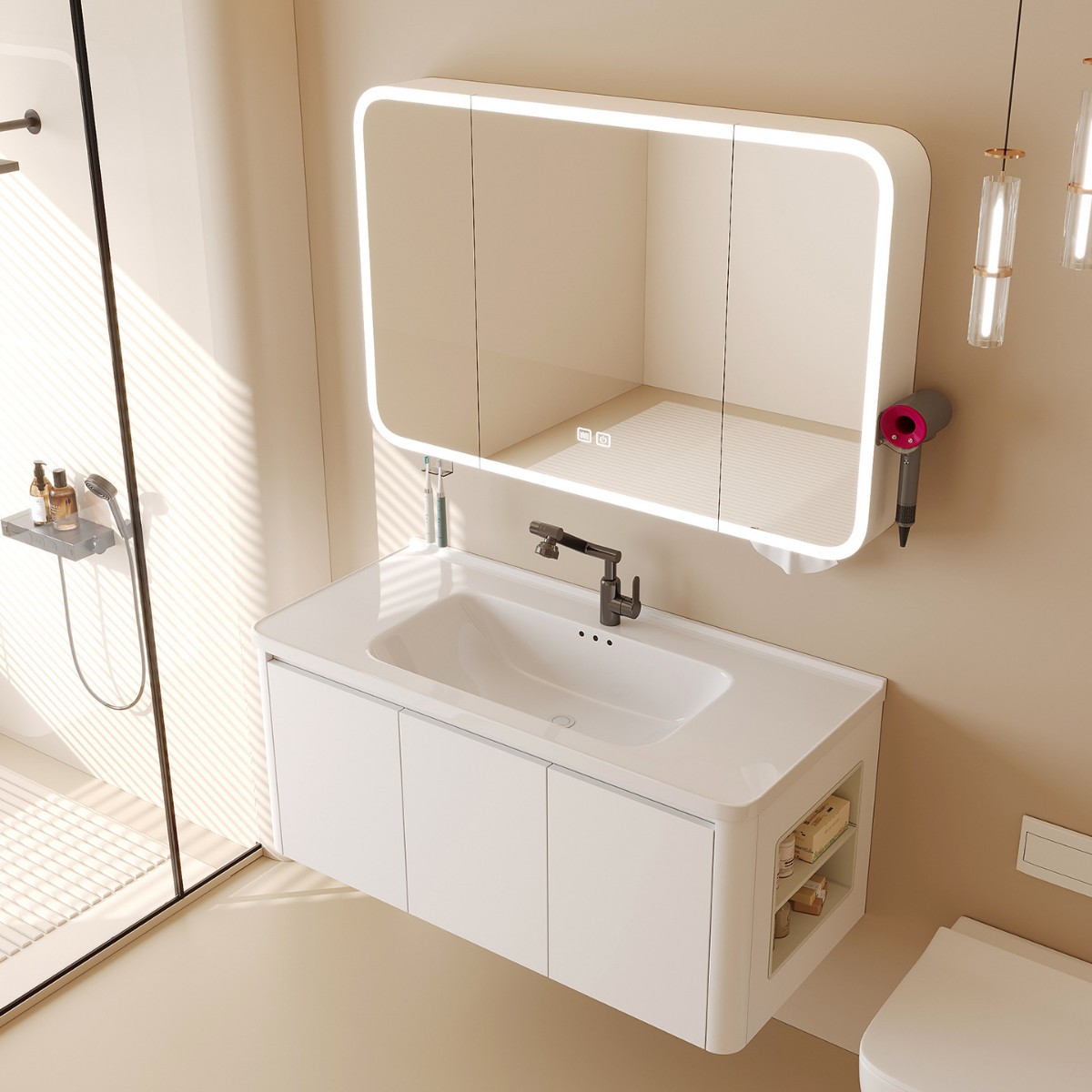 Gabinete de baño de abeja de aire de crema, gabinete de baño de cerámica combinado, lavabo de lavado de mano integral con gabinete lateral, gabinete de espejo de belleza