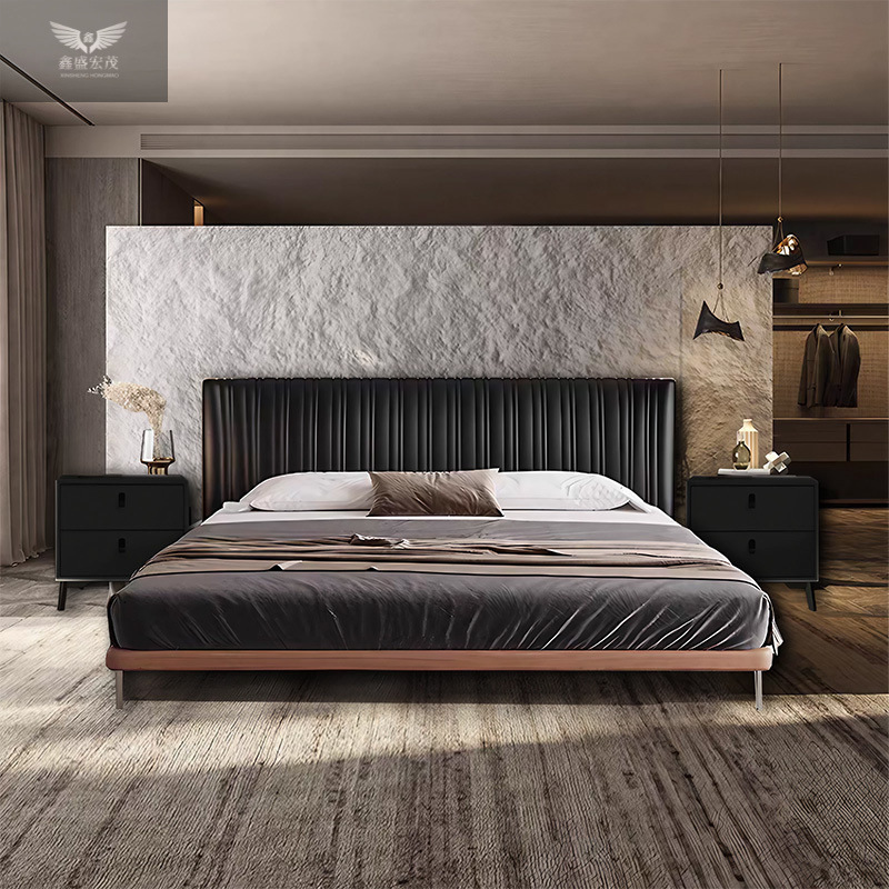 Conchas de cuero de lujo ligero, estilo antiguo, dormitorio principal minimalista, cama doble simple, cama doble de fresno, cama negra