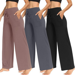 European and American Cross-Border Lace-Up High-Waisted Straight-Leg Pants 2026 Autumn and Winter Women's Wide-Leg Casual Long Pants with Drape Effect for Sports and Yoga