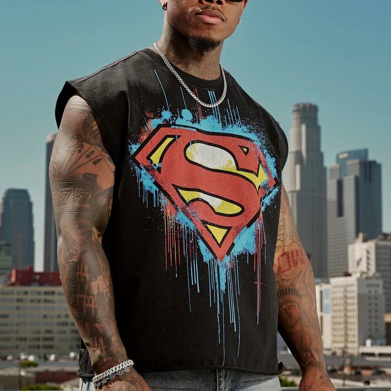 Youngla Co-Branded Superman Theme Printed Men's Oversized T-Shirt Sports Fitness Loose Cotton Vest