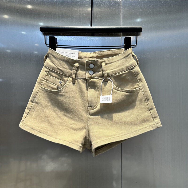High-Waisted Khaki Stretch Skinny Denim Shorts with Two Buttons, Designed to Make Legs Look Longer and Slimmer, A-Line Hot Pants for Summer 2026 High-Waisted Khaki Stretch Skinny Denim Shorts with Two Buttons, Designed to Make Legs Look Longer and Slimmer, A-Line Hot Pants for Summer 2026