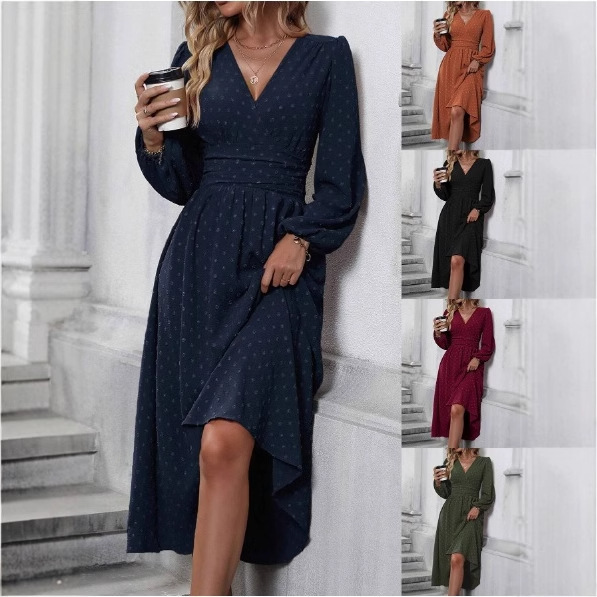 European and American Cross-border Amazon Explosions Autumn and Winter New Oblique Collar Lantern Sleeve Pleated Waist dress Women's dress European and American Cross-border Amazon Explosions Autumn and Winter New Oblique Collar Lantern Sleeve Pleated Waist dress Women's dress