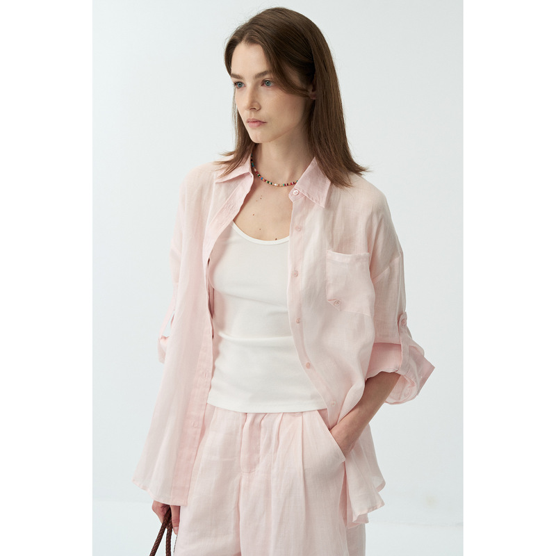 Comos Cms Ramie Cool-Feel Shirt for Women with Back Design, Hollow-Out Twist Long Sleeve Top for Women 252529