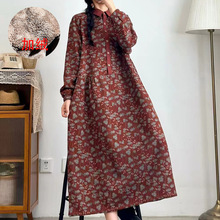 2024冬季数码印花翻领女长裙加绒加厚保暖过冬文艺棉麻连衣裙