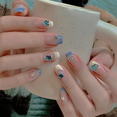 Minimalist French-style fresh and natural milk white wearing nail with translucent pink, cute and gentle little girl, sparkling blue star beauty nail sticker