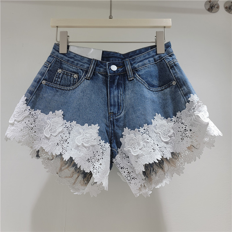 Pantalones Cortos de Mezclilla Corte A con Empalme de Encaje para Verano