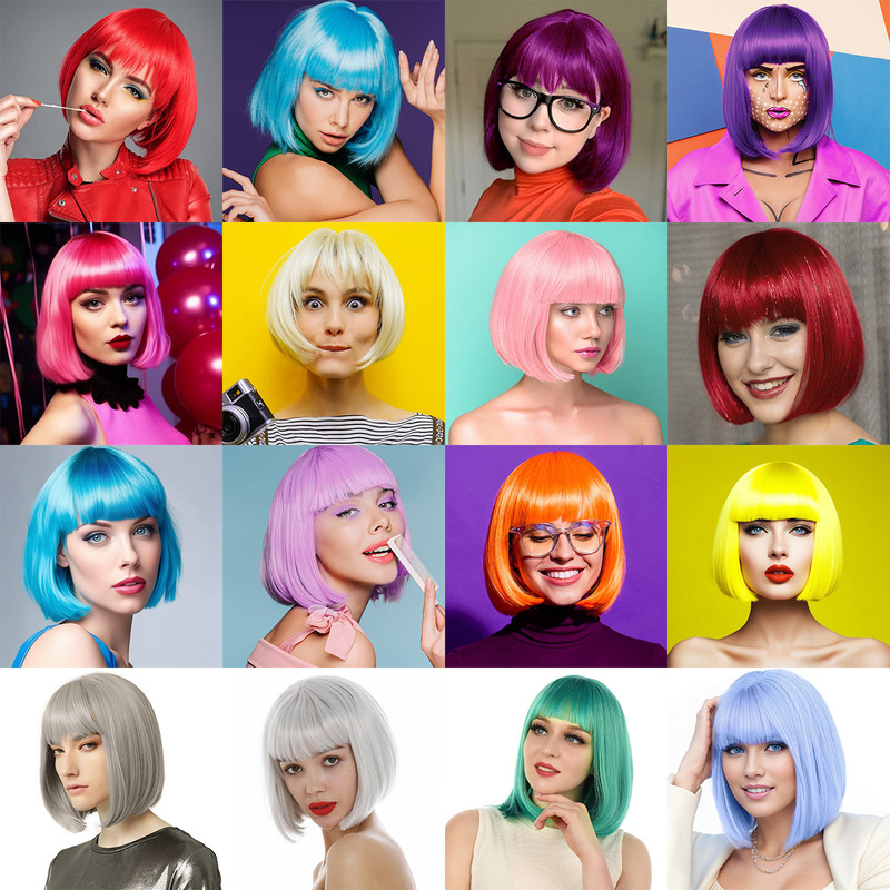 Customized European and American Wigs Halloween齐刘海 Bob Student Wig Short Hair Bob Head Colorful Anime Wig