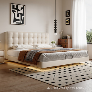 Italian Modern Normcore Waffle White Leather Bed Double Bedroom 2.2m Soft Package Mid-Century Style Small Apartment Large Bed