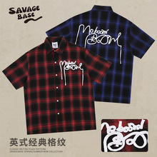 美式街头hiphop格子衬衫男士夏季手摇绳绣小众设计感宽松半袖衬衣