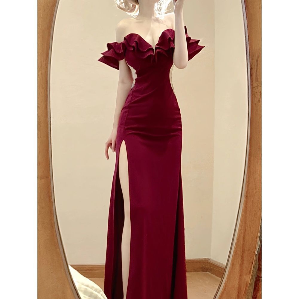 High Slit Long Skirt with Fashionable Design, Niche Ankle-Length Evening Dress, Strapless One-Shoulder Dress for Women