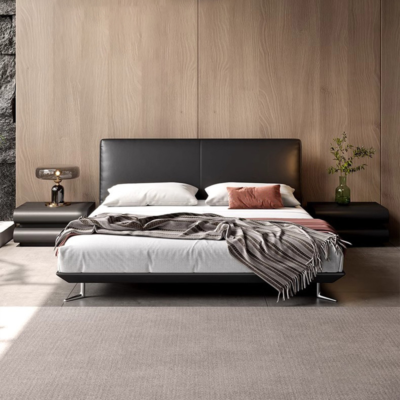 Cama de cuero real, cama de estrella minimalista italiana, cama principal, cama de paquete negro, cama doble de 1.8m.